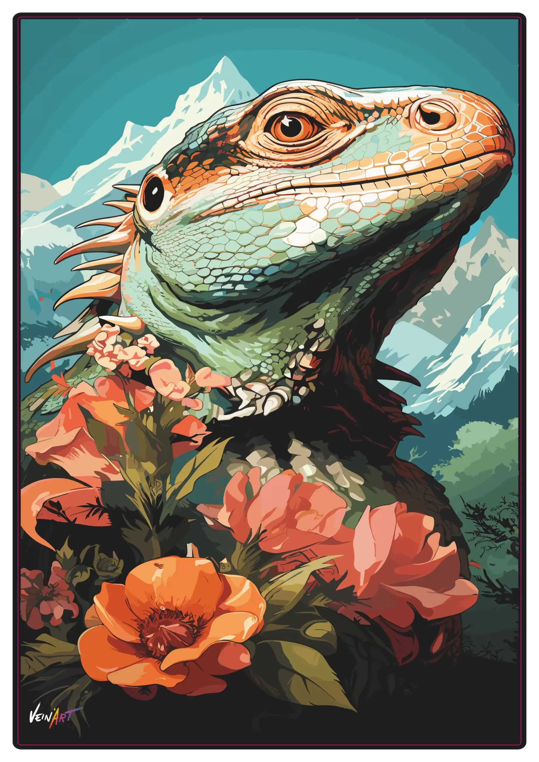 Tête de Lézards aux fleurs